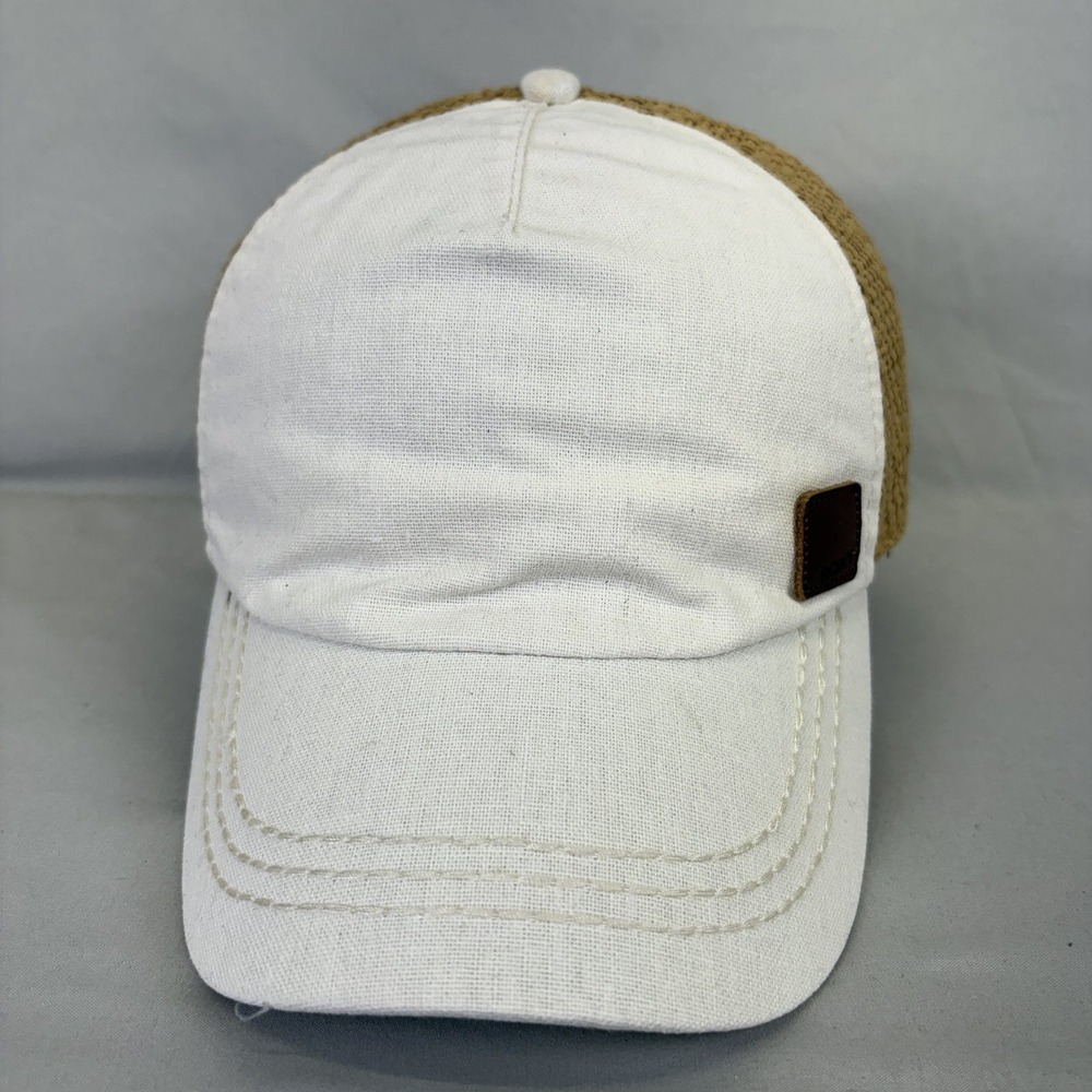 Roxy Trucker Hat Straw Mesh Back Women OS White Tan Woven Logo Patch